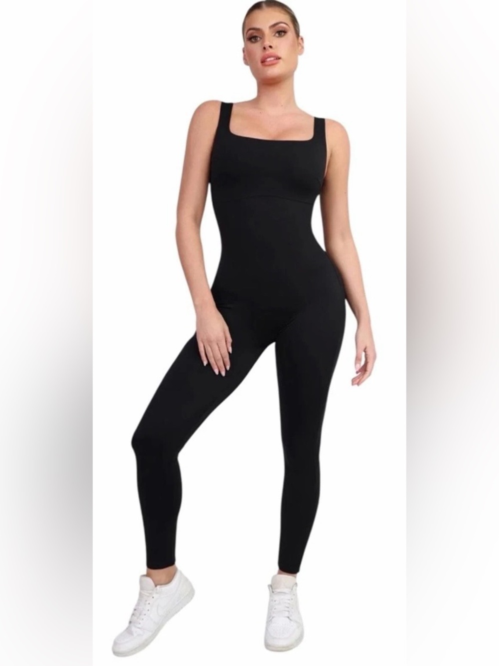 Popilush Shapewear Square Neck Thigh Slimming Workout Jumpsuit in Black Small